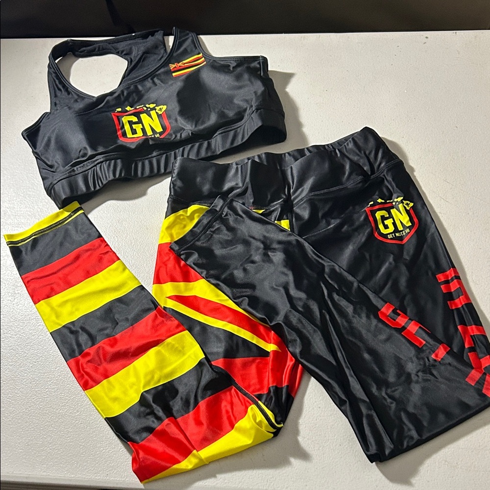 Black, Red, and Yellow Leggings & Sports Bra Set Get Nutz Hawaii Top L/Bottom M